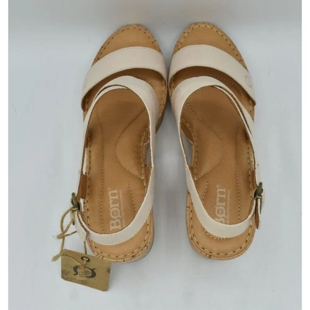 Born Womens Size 11 Lanai White Bone Full Grain Leather Wedge‎ Sandals Shoes